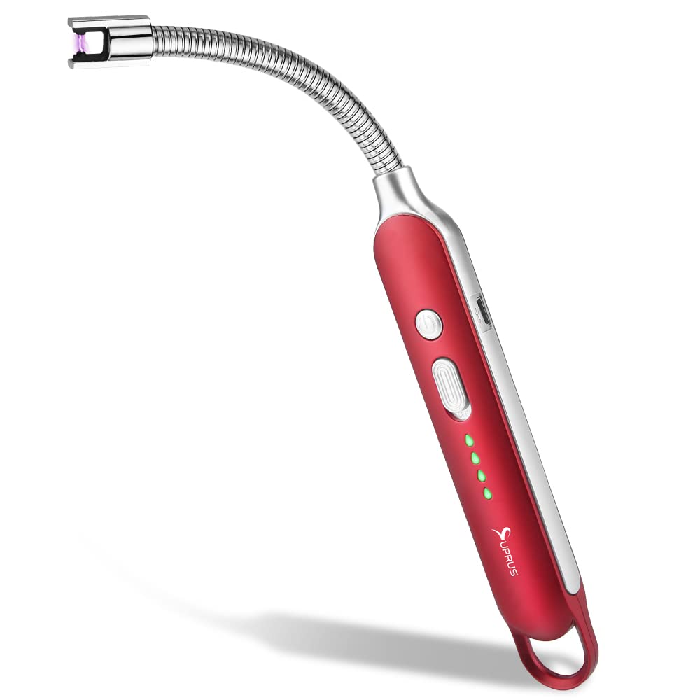 SUPRUS Electric Rechargeable Arc Lighter with LED Battery Display Long Flexible Neck USB Lighter for Candle Cooking (Red)