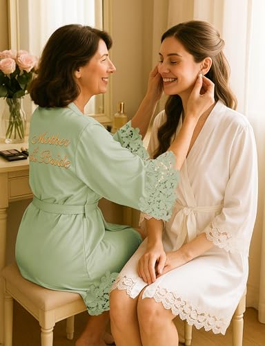 Image of EPLAZA Bride Robe for Wedding Day Set Bridal Robe Lace Trim Silky Embroidery Satin Kimono for Bridal Party