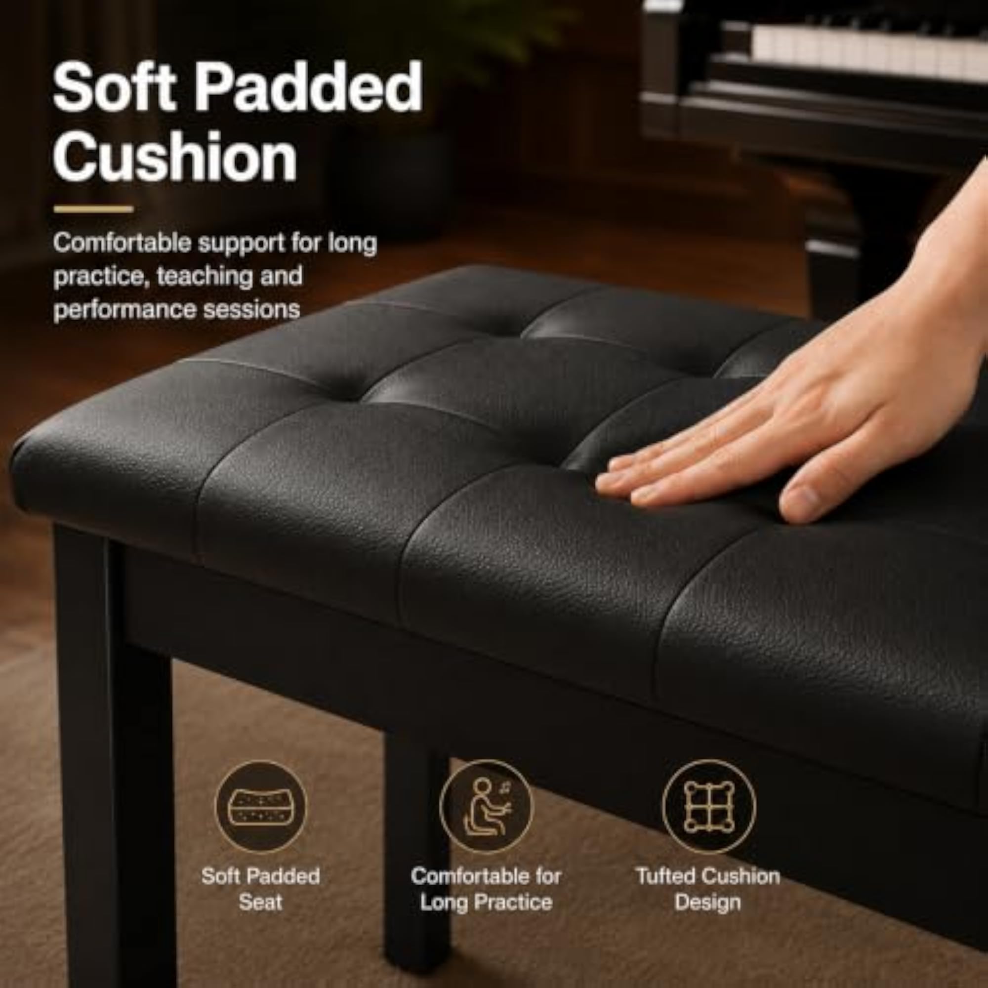 Wooden Duet Piano Bench with Padded Cushion