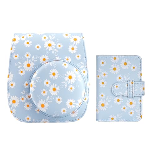 Housse Instax Mini 12 marguerite bleue pour immortaliser vos voyages avec album et bandoulière
