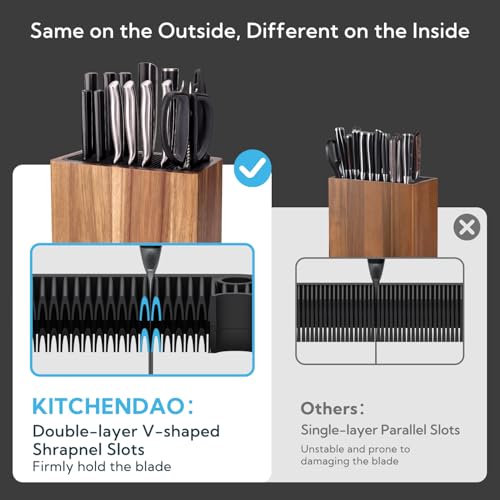 KITCHENDAO XL Acacia Wood Universal Knife Block Holder with Slots for Scissors and Sharpening Rod, Safe, Space Saver Knives Storage Stand Display Without Knives, Unique Slot Design to Protect Blade - Image 5