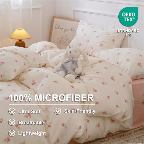 Image of Duvet Cover Set King Size,White Pink Floral Bedding Duvet Cover with Tulip Pattern,Soft Microfiber Comforter Cover with Zipper Closure and 2 Pillow Shams