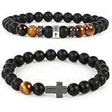 Lemiuda 2 Pcs Valentines Gifts Cross Bracelets for Men，Natural Tiger Eye Matte Cross Bracelets，Men Bracelet with Gift Box & Message Card,Religious Faith Stretch Bracelets for Men