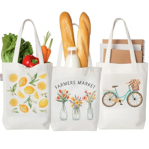 Talented Kitchen 3-Pack Tote Bag for Women - 15 x 5.5 x 16 In - Reusable Grocery & Shopping Canvas Tote Bags with Inner Pocket & Magnetic Snap
