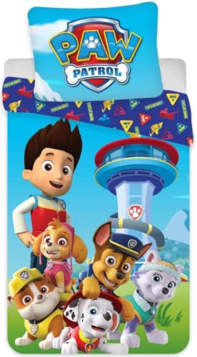 BrandMac ApS Paw Patrol Bed Linen, 135 x 200 cm, 80 x 80 cm, Lona Reversible de la Patrulla Canina, con Funda Acolchada y Acolchada, 100% algodón