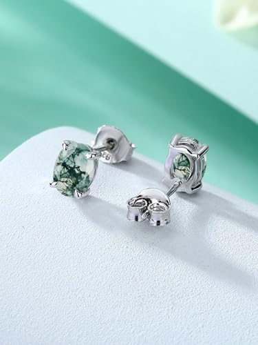 Natural Moss Agate Stud Earrings 925 Sterling Silver Stud Green Round/Teardrop/Oval/Square/Heart/Hexagon Cut Moss Agate Earrings Anniversary Wedding Party Jewelry Gifts for Women Mom Her3