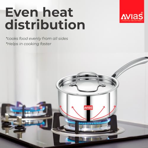 Image of Avias Riara Triply Saucepan with Lid | 5 Years Warranty | 14cm Stainless Steel Sauce Pan, Triply Tea Pan, Steel Casted Handles, 2.5 Mm Thickness, Induction Base Sauce Pan, 1.10 Litre, 14cm