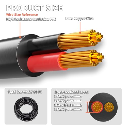 16 Gauge Electrical Wire 2 Conductor,16 AWG Electrical Wire Stranded PVC Cord OFC Cable,2 Core Flexible Extension Power Cord for Auto Cord for LED Lamp Lighting Strips Automotive(50FT)