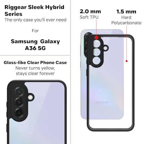 Image of RIGGEAR Shockproof Sleek Hybrid Armor Back Cover Case for Samsung Galaxy A36 5G (Clear PC + Black TPU Bumper)
