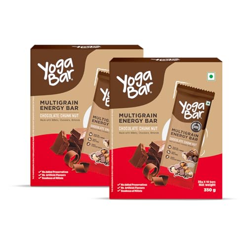 Image of Yogabar Multigrain Energy Bars - Chocolate Chunk 20 Bars - Daily Protein Snack, High Energy & Nutrition Bars - with 8g Protein & 7g Fibre - No Preservatives - Pack of 2, 10 Bars each