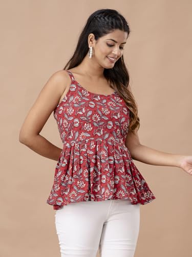 Image of feranoid Women Cotton Printed Sleeveless Strap Peplum Top