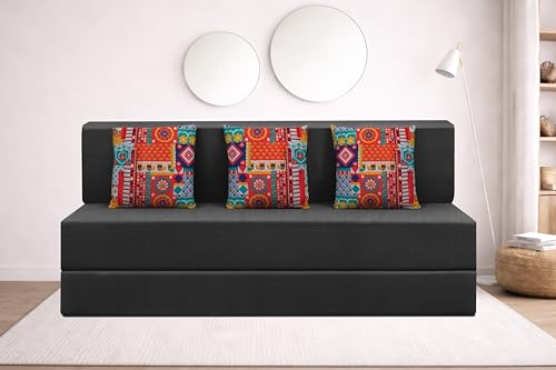 Image of Rosebell Three Seater Foldable Sofa Cum Bed (5x6 Feet) ? Jute Fabric, Washable Removable Cover, Includes Cushion | Space Saving Convertible Sofa Bed for Home, Office & Guests - Black
