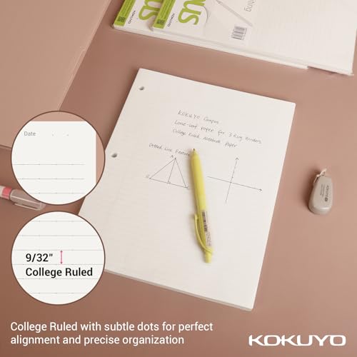 Image of Kokuyo 3 Hole Loose Leaf Paper 8-1 /4 inchx11 inch College Ruled, 100 Sheets, 1 Pack | Filler Paper for 3 Ring Binder Bleed Resistance Notebook Paper, 70 GSM Japanese Smooth Paper School Suppliers 100 Sheets /Pack
