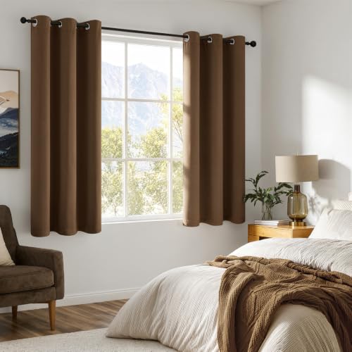 Image of MIULEE Brown 100% Blackout Curtains for Bedroom 40x45 Inch 2 Panels Set | 2 Thick Layers Thermal Insulated Short Curtains with Black Liner, Noise Reducing Grommet, Drapes for Living Room