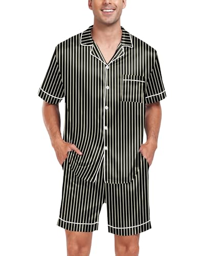 Image of SWOMOG Men Satin Silk Pajamas Sets Short Sleeve Sleepwear Button-Down PJs Sets Two-Pieces Loungewear with Pockets