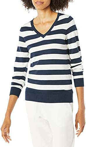 Amazon Essentials Women's Classic-Fit Lightweight Long-Sleeve V-Neck Sweater (Available in Plus Size), Navy/White, Stripe, Large