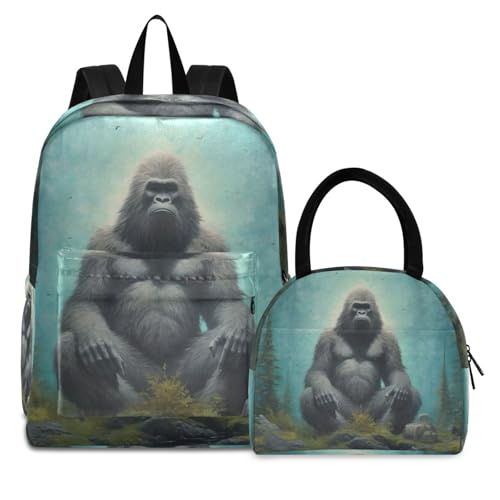 Backpack Lunch Box Set Large Capacity Travel Backpacks and Insulated Lunch Bag for Commute Hiking Picnic Meditation Gorilla Print
