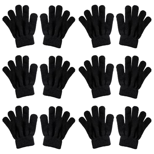 BDGYCK 6 Paare Magic Stretch Handschuhe, Winter Kinderhandschuhe, Kinder Stretch Fäustlinge Warme Baby Strickhandschuhe für Mädchen Jungen, für Kinder 5-13 Jahre Mädchen & Jungen(schwarz)