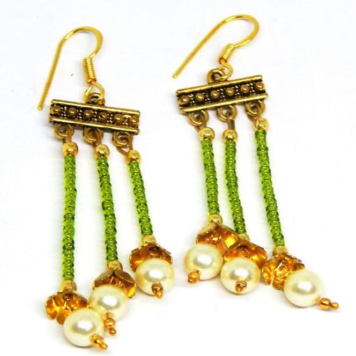 Mehndi Green Glass Seed Beaded with Pearl Earrings - Image 4