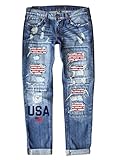EVALESS American Flag Patriotic 4th of July Ripped Jeans for Women Plus Size Boyfriend Distressed Embroidered Patchwork USA Print Mom Jeans 2025 Fashion Wide Leg Denim Pants with Hole Blue XX-Large
