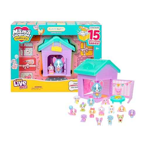 Little Live Pets Famílias surpresa de mamã pack festa de cães. Colecione 15 cães em miniatura. Conjunto de jogo com a casa da mãe. Mais de 80 para colecionar. A partir de 5 anos.