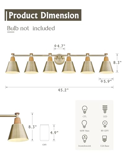 Image of FEMILA Gold Light Fixture Bathroom, 6 Light Brushed Gold Vanity Light, 45.3 inch Bathroom Lighting Fixture Over Mirror, 4FG59B-6W BG