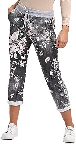 Chilgoza Pantalons de jogging en denim pour femmes avec imprimé étoile, ceinture côtelée fleurie, pantalon décontracté d'été italien pour femmes, 40-42