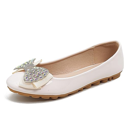 Flats Shoes Women Leather Comfortable Flats Round Toe Bow Slip on Wide Width Work Flats for Women