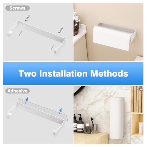 Image of Paper Towel Holder Under Cabinet, Adhesive or Screw Mount, Fits Standard & Mega Rolls, Wall Mount Rack for Kitchen, Bathroom, RV, White