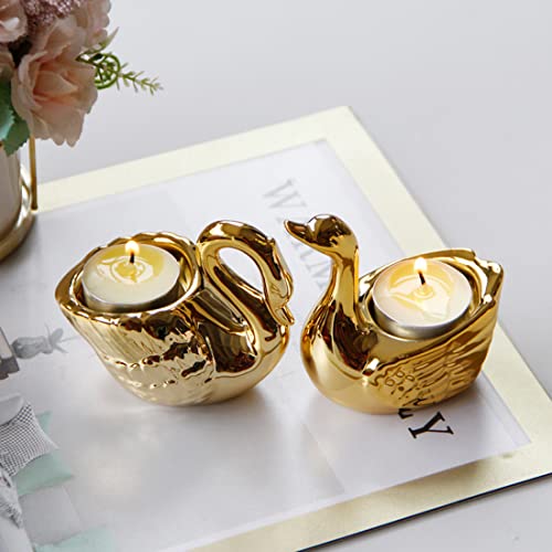Set Of 2 Gold Swan Ceramic Tealight Candle Holders For Living Room & Bathroom Decorations - Centerpieces For Wedding & Dining Room, Coffee Side Tables & Shelf Decor - Holiday & Birthday Gifts #TOP1