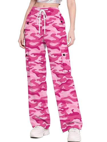 Image of Betusline Girls & Women's High Waist Wide Leg Cargo Pants Y2K Parachute Pants with Pockets and Drawstring 6 Years-Women 2XL
