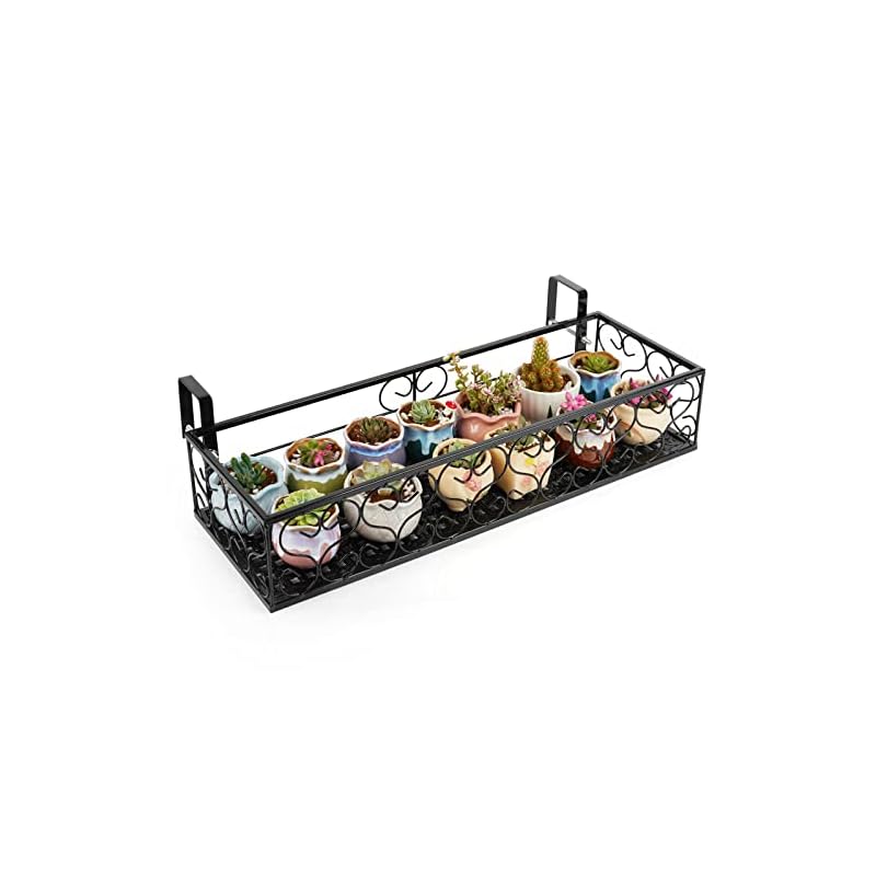 Fitlyiee Balcony Flower Pot Stand Rack Patio Railing Shelf Plant Pots Holder Windows Decorate (L, Black)