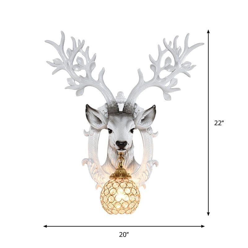 Image of Deer Head Wall Sconce with Crystal Ball Shade, White Resin Antler Wall Light, Rustic Lodge Decor Lamp for Living Room, Bedroom, Hallway, Entryway, Nordic Style Wall Mounted Fixture, 56x51cm