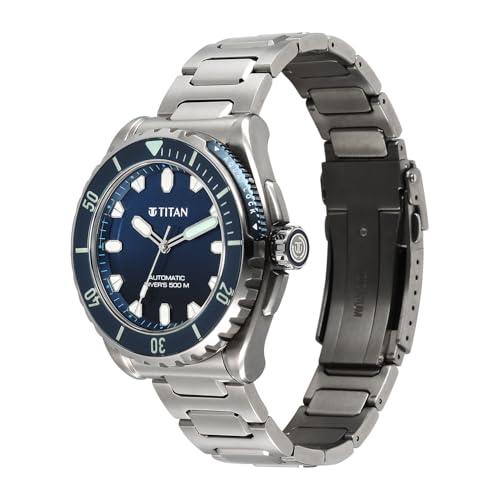 Image of Titan Zero Hour Diver's Certified 500m Automatic Analog with Blue Dial Silver Titanium & Blue FKM Strap Watch for Men - 10071KM01