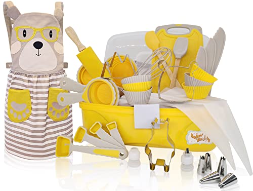 Kids Baking Set 35-Piece with Teddy Bear Apron, Kid Friendly Knives, Cookie Cutters, Rolling Pin, Cutting Board, Whisk, Real Silicone Kitchen Accessories for Cooking and More from Baker Buddy