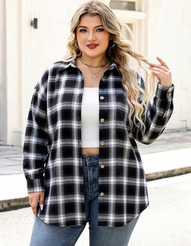 IN'VOLAND Plus Size Womens Flannel Plaid Shirts Roll Up Long Sleeve Shirts — view 3