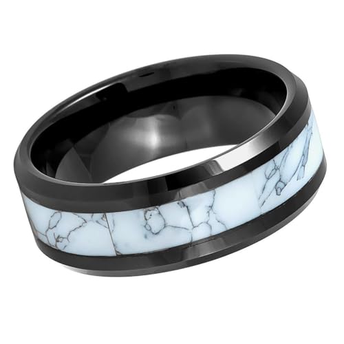 Men’s 8mm Tungsten Carbide Ring with White Marble Inlay – Black Beveled Edge Comfort Fit Wedding Band or Fashion Ring2