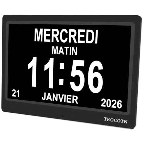 TROCOTN Horloge numérique Horloge de Jour Grand écran réveil Murale (Noir, 10 Pouces)