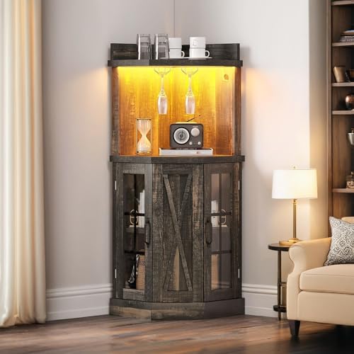 DWVO 53' Corner Bar Cabinet with Glass Door & LED Lights, Farmhouse Wine Cabinet with Glass Holder, 4-Tiers Liquor Cabinet Bar for Home Kitchen, Dining Room, Living Room, Dark Rustic Oak