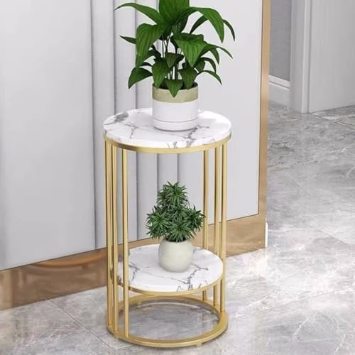 Image of ETIQUETTE ART 2-Tier End Tables, Modern Faux Marble Top Bedside Table End Table with Storage Shelf for Home & Living Room Side & Corner Table Sofa End Table (Gold & White)