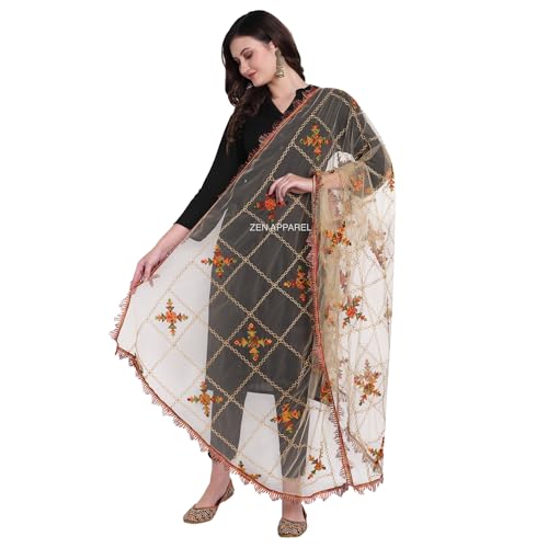 Image of ZEN APPAREL Women's Embroidered Net Dupatta with Lace Borders (Z-101) Premium Net Fabric Golden Aari Work