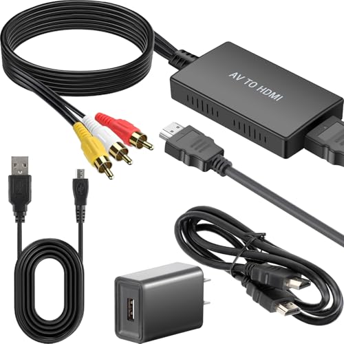 PASOW Convertidor RCA macho a HDMI – Adaptador compuesto AV a HDMI 1080P compatible con PAL/NTSC para reproductores de DVD VCR/VHS/Xbox/PS1/STB/Roku/Blue-Ray