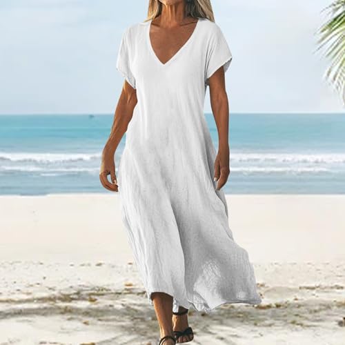 Womne's Dresses Summer Loose Fit Cotton Linen V Neck Short Sleeve Maxi Dresses Swing Dress Oversized 20252
