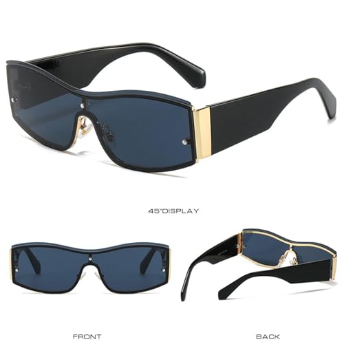 Lunettes de soleil de luxe monobloc mixtes or et noir style sans monture - 3