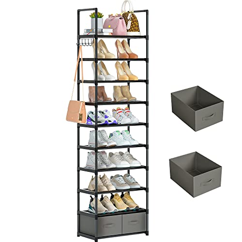 Oyrel Shoe Rack, Sturdy Metal Shoe Rack Organizer,Narrow Shoe Rack,Shoe Racks For Closets,Shoes Rack,Shoe Stand,Shoe Shelf (10 Tier With 2 Boxes And 1 Hook) #TOP26