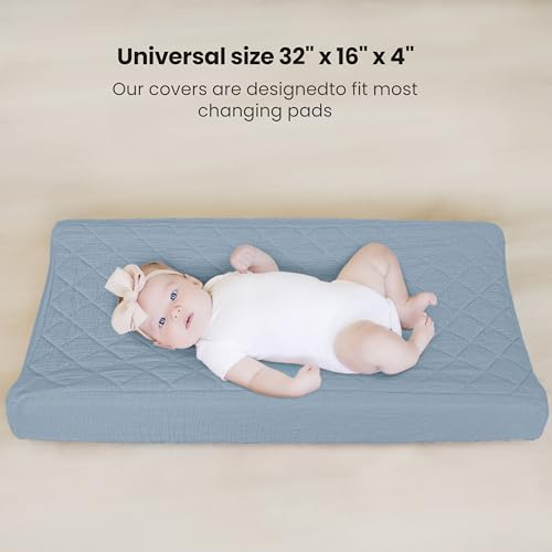 Image of Konssy Waterproof Muslin Changing Pad Cover 2 Pack, Quilted Cotton Fitted Diaper Changing Table Cover, Soft Changing Pad Sheets for Girls Boys (Star,Blue)