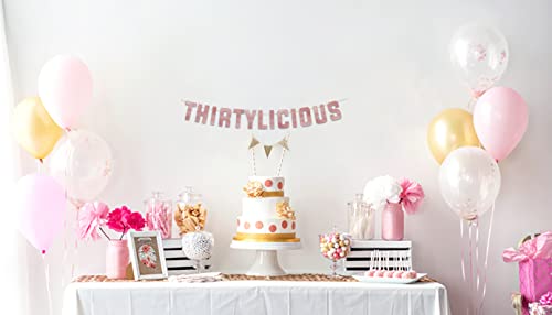 Image of Pre-Strung Thirtylicious Rose Gold Glitter Banner - Funny 30th Birthday and Anniversary Decorations for Men and Women - Party Supplies and Gifts