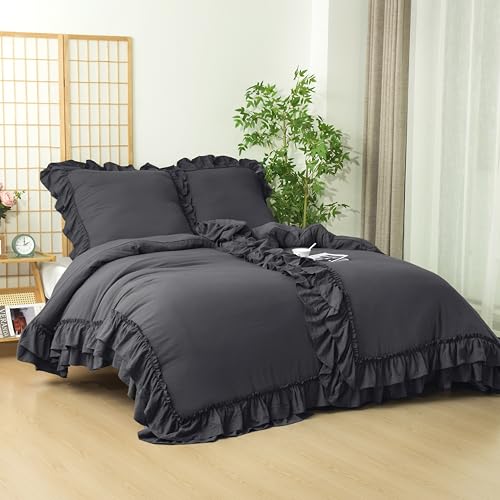 HIG Rüschen Bettwäsche Set 135x200cm 4teilig Dunkelgrau,...