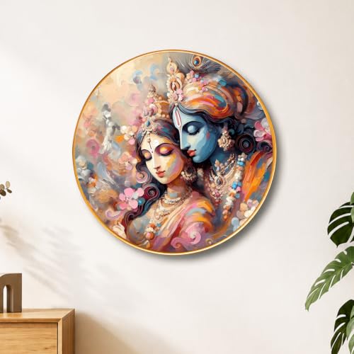 Image of PAINTINGMANTRA Radha Krishna Round Wall Art Painting With Frame For Living Room | Vastu Love & Harmony Decor Framed Painting | Artistic Round Wall Hanging for Living Room, Bedroom & Gifting, 23 Inch