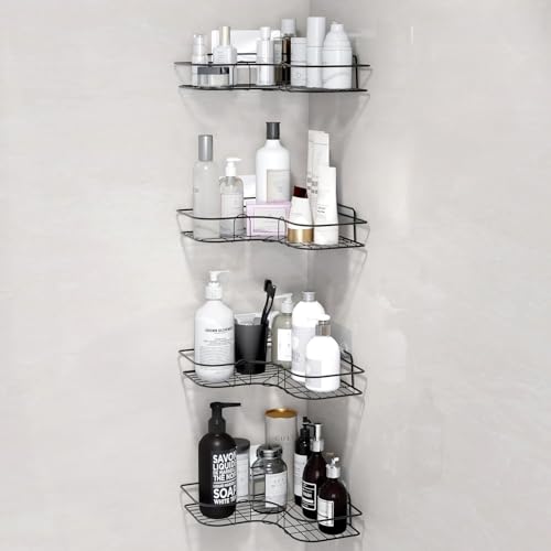 Image of HOUZA Space-Saving Bathroom Corner Rack - Strong Self-Adhesive, No Drilling Required Metal Organizer for Shower, Kitchen & Toilet Area - Rustproof and Quick Install (Set of 4)